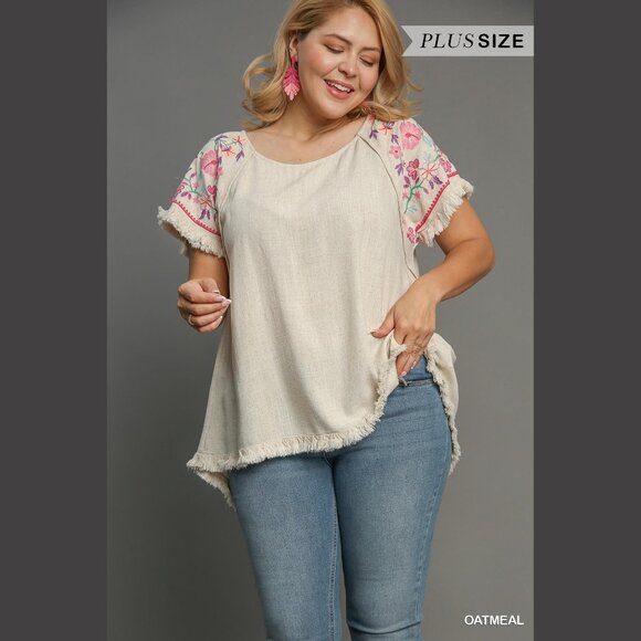 Embroidered Sleeves Linen Cotton Blend Round Neck w/ Frayed High Low Hem - Picture 8 of 14